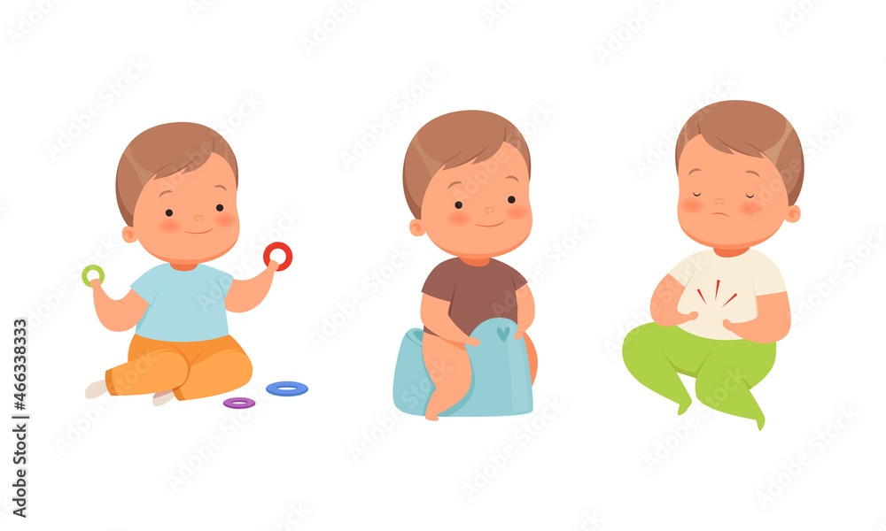 Baby Boy Sitting on Potty-chair and Playing Toys Vector Set Baby Boy Sitting on Potty-chair and Playing Toys Vector Set