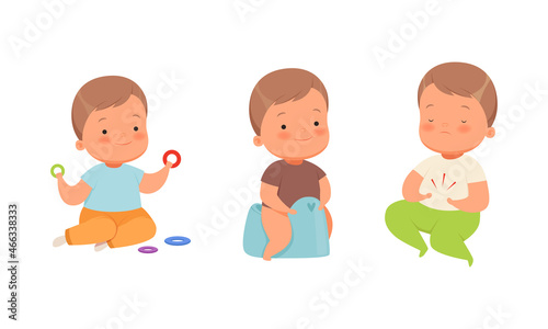 Baby Boy Sitting on Potty-chair and Playing Toys Vector Set