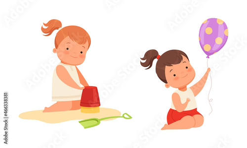 Baby Girl Playing with Pail in Sandpit and Holding Balloon by String Vector Set