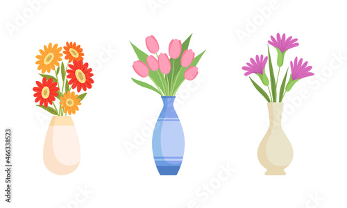 Flower Bouquet and Bunch Rested in Ceramic Vase as Home Interior Decor Vector Set