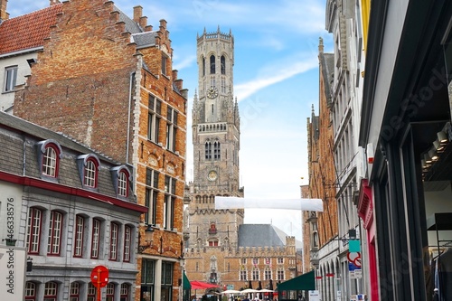 Bruges historic buildings and the famous belfry bell tower as a symbol of the city, Belgium