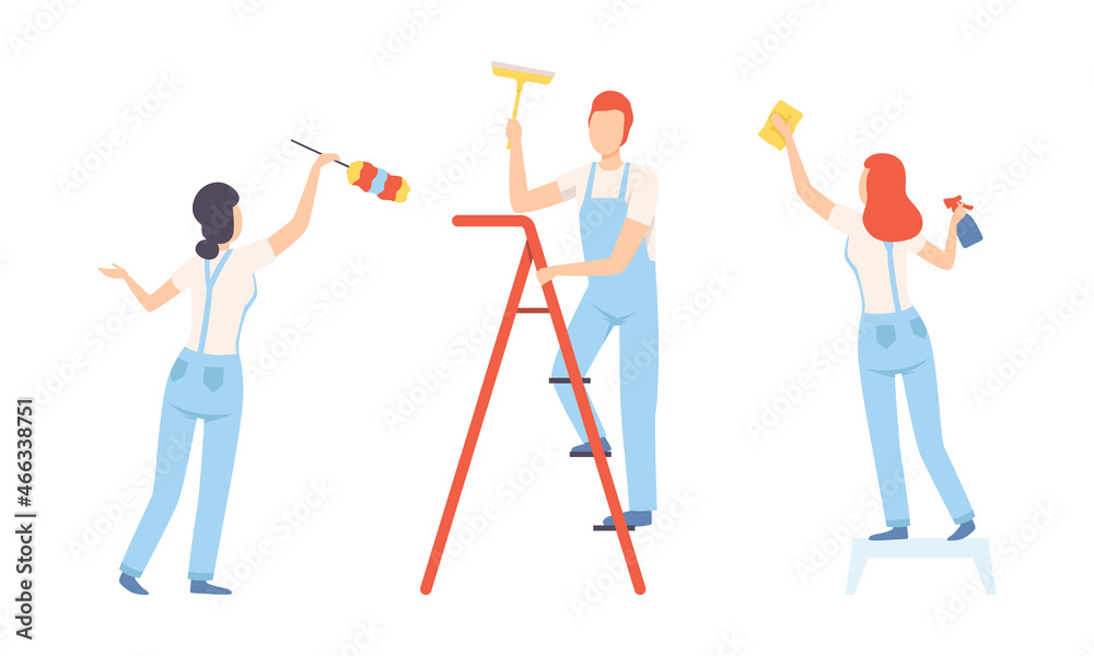 Young Man and Woman Professional Cleaner in Blue Overall with Duster and Ladder Vector Set Young Man and Woman Professional Cleaner in Blue Overall with Duster and Ladder Vector Set