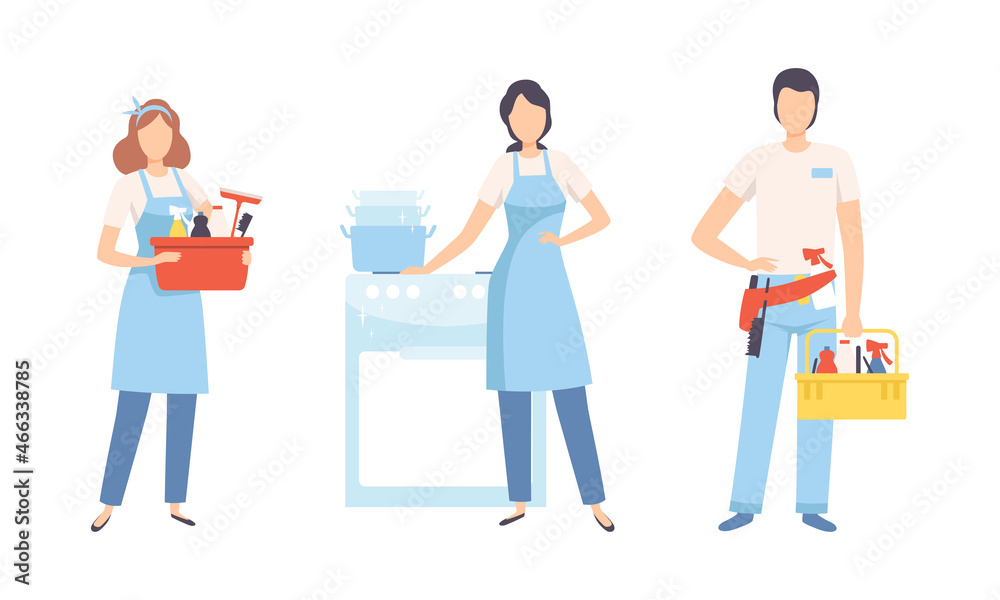 Fototapeta premium Young Man and Woman Professional Cleaner in Blue Uniform with Detergent Vector Set