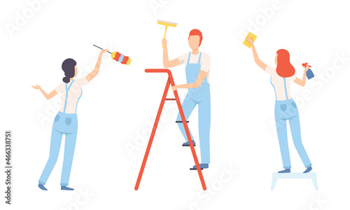 Young Man and Woman Professional Cleaner in Blue Overall with Duster and Ladder Vector Set