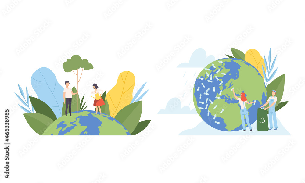 People Character Cleaning Earth Planet Collecting Garbage and Watering Plant Taking Care of Ecology and Environment Vector Illustration Set