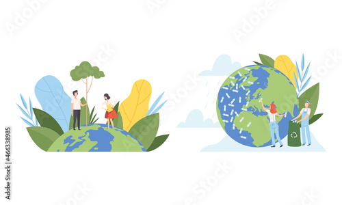People Character Cleaning Earth Planet Collecting Garbage and Watering Plant Taking Care of Ecology and Environment Vector Illustration Set