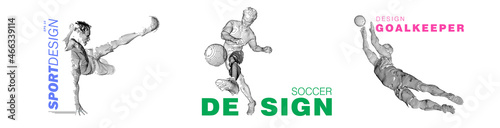 A set of football, soccer players drawing by color lines with text