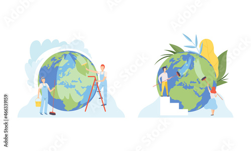 People Character Cleaning Earth Planet with Broom Taking Care of Ecology and Environment Vector Illustration Set