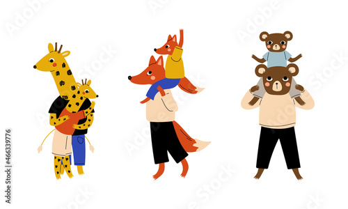 Animal Parent Humanized Character Standing with Their Kid Vector Set