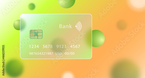 Transparent green bank card. Glass morphism credit card with abstract green and white circles vector illustration with soft matte transparency effect.
