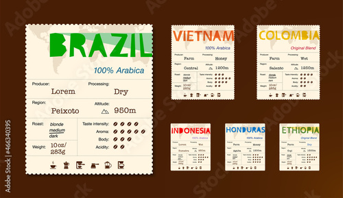 Set of vintage coffee labels with the logo of different countries. Finished design. Vector illustration, isolated on white background. EPS10.	