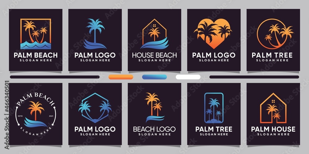 Set bundle of palm logo design inspiration, illustration with line art and negative space concept Premium Vector