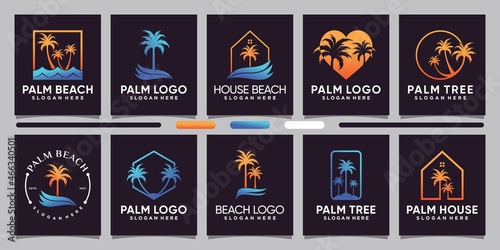 Set bundle of palm logo design inspiration, illustration with line art and negative space concept Premium Vector