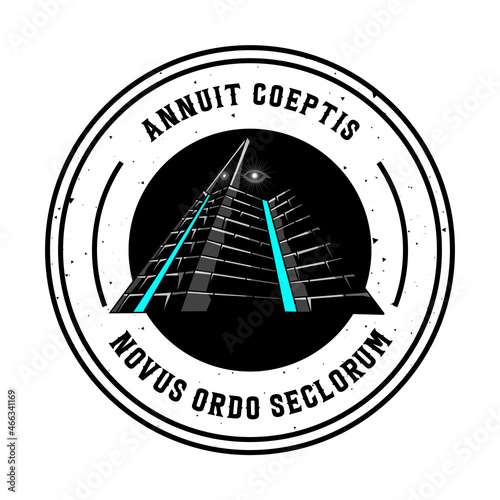 Symbol of the new world order. The all-seeing eye of Providence. Modern pyramid with a glowing eye. Novus Ordo Seclorum photo