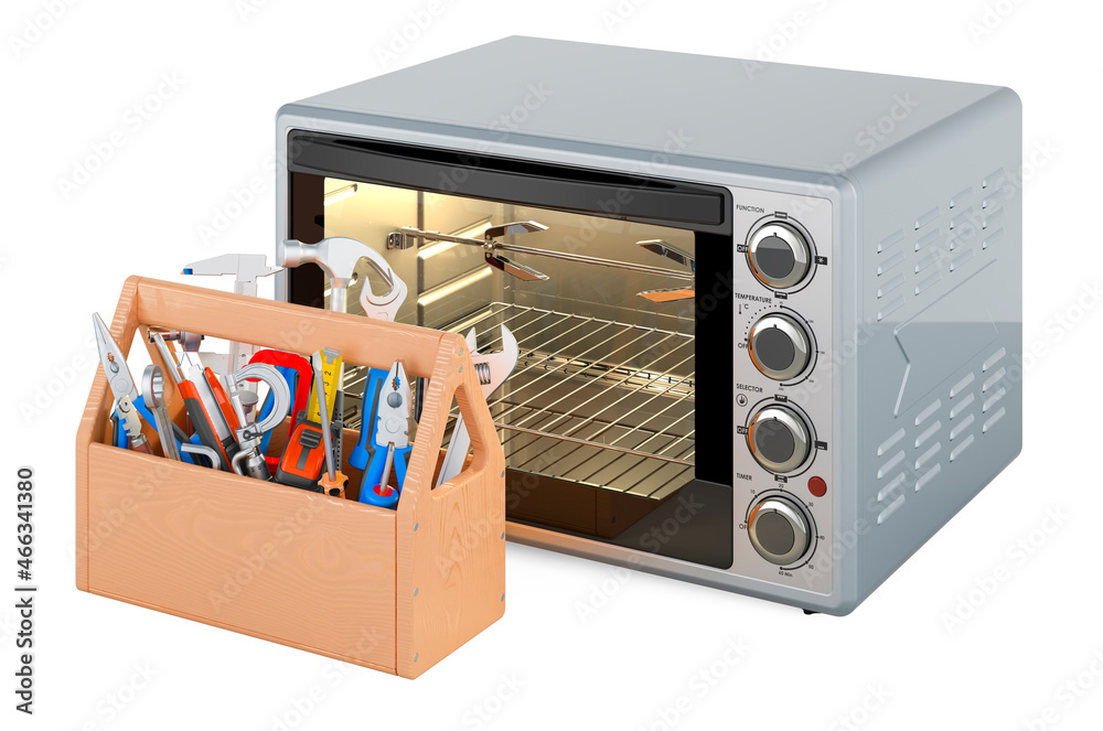 Obraz premium Convection toaster oven with toolbox. Repair and service of Convection Toaster Oven with Rotisserie and Grill, 3D rendering