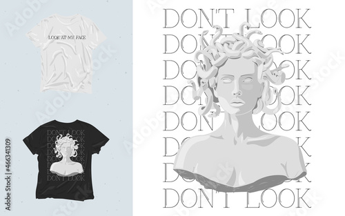 Don't look, Gorgon Princess. Print on clothes with Princess Gorgon. Gorgon princess statue. photo