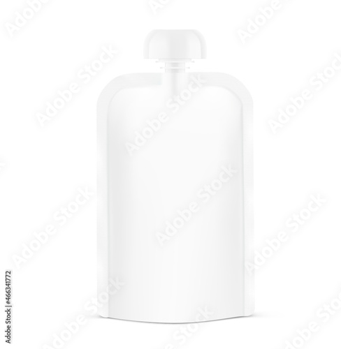 Food pouch bag mockup with round safety cap. Vector illustration isolated on white background. Front view. Can be use for template your design, presentation, promo, ad. EPS10.	