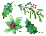 Christmas watercolor clipart, set of elements, holly, branches, berries. Hand painted illustration. Seasonal decor New Year's elements for creating a unique design for cards, invitations, calendar