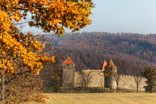 Veveri castle in South Moravia, Czech Republic. Medieval castle built in the 13th century. View from the south side. Sunny autumn day. photo