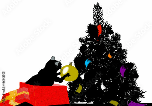 albero di natale con gatto che esce dal pacco natalizio con pallina di natale photo