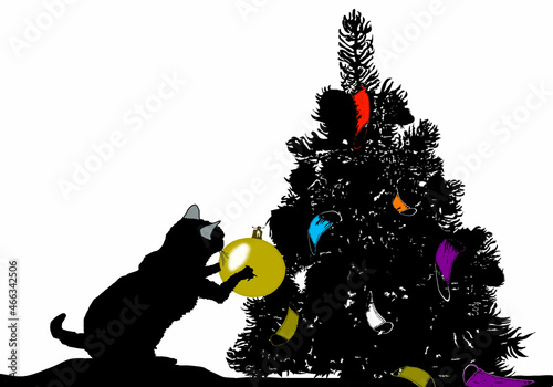 albero di natale addobbato con mascherine e gatto con pallina natalizia photo
