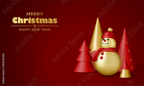 Merry Christmas and Happy New Year background. Red and gold 3D objects. Christmas tree and snowman.