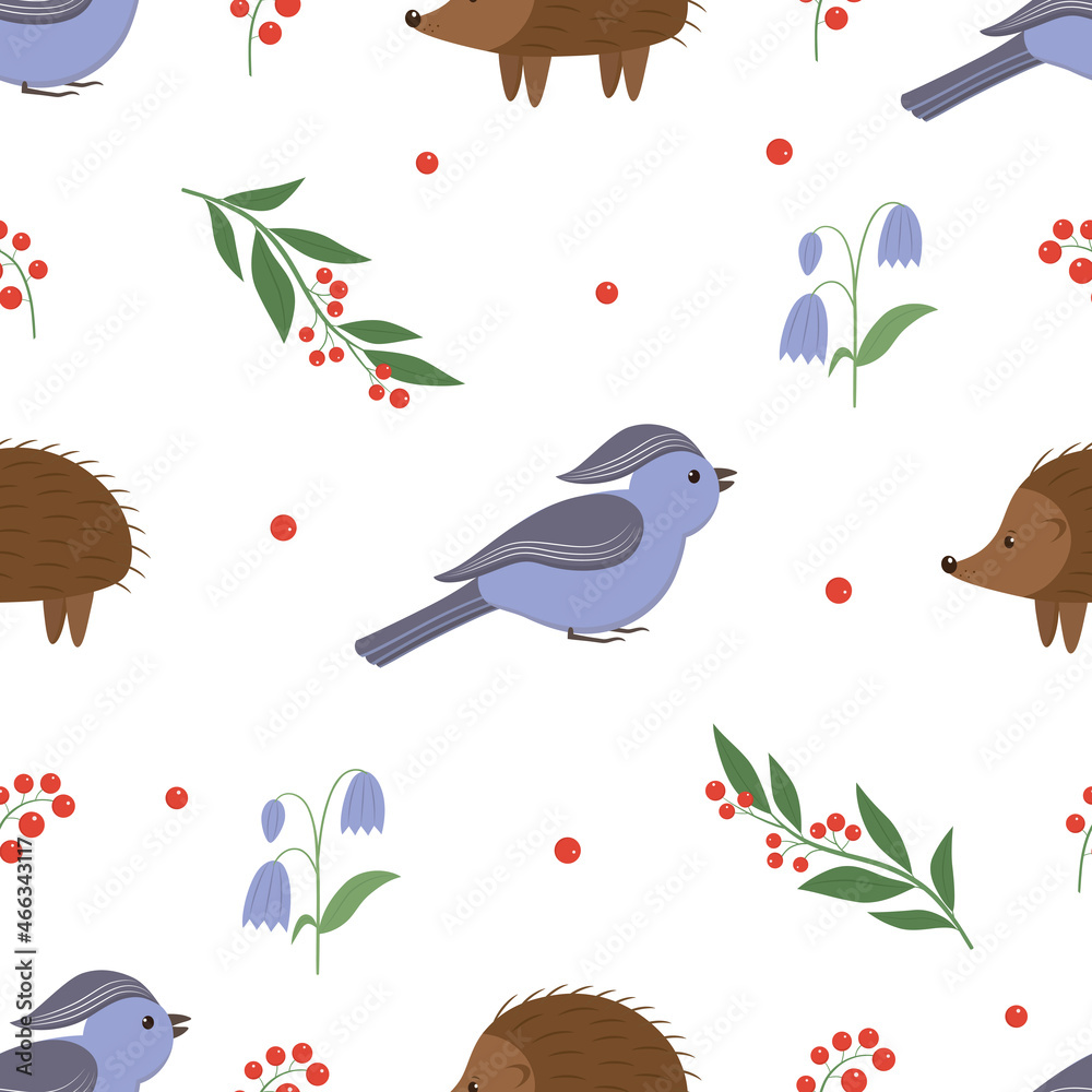 Fototapeta premium vector graphic seamless pattern with birds, hedgehogs and plants
