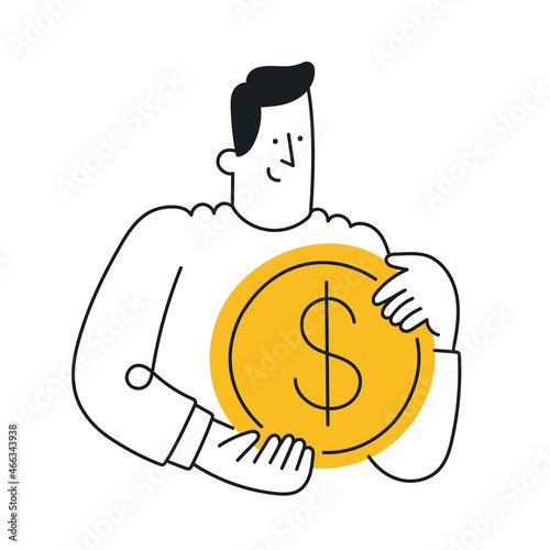 Businessman holding a dollar, gold coin. Concept of profit, income, banking, value. Outline, linear, thin line, doodle art. Simple style with editable stroke.