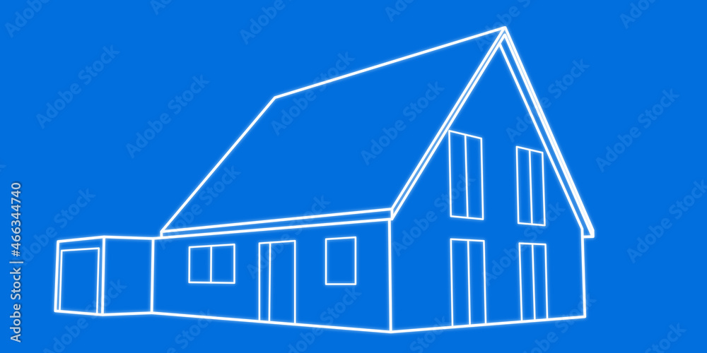 Ansicht eines Entwurfs für ein Einfamilienhaus mit Satteldach und Garage aus der Straßenansicht, Wohnhaus, Wohnungsbau, Neubau, Planung, Architektur, Blueprint Ansicht eines Entwurfs für ein Einfamilienhaus mit Satteldach und Garage aus der Straßenansicht, Wohnhaus, Wohnungsbau, Neubau, Planung, Architektur, Blueprint