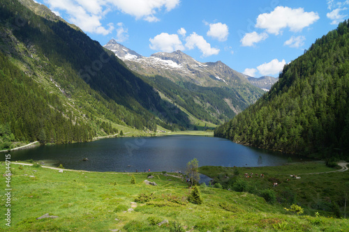 beautiful alpine lake in the Schladming-Dachstein region in the Austrian Alps against the blue sky  Schladming  Austria 