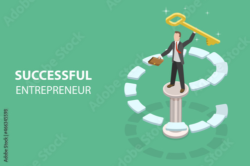 3D Isometric Flat Vector Conceptual Illustration of Successful Entrepreneur, Achieving Business Goals