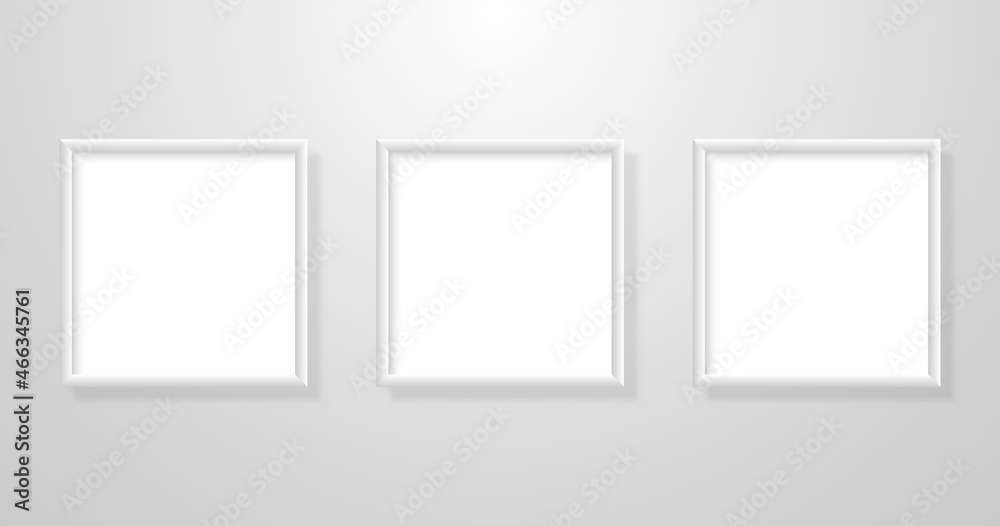 Painting mockup three. Realistic photo frames with shadow. Pictures blank set hanging on white wall. Square light frames collection. Vector illustration Painting mockup three. Realistic photo frames with shadow. Pictures blank set hanging on white wall. Square light frames collection. Vector illustration