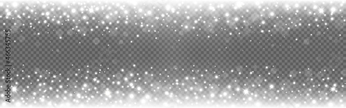 Silver glitter frame. Glowing light with snow and rays. Shining confetti particles wide poster. Christmas template with white sparks. Vector illustration