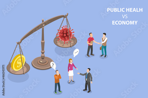3D Isometric Flat Vector Conceptual Illustration of Public Health Vs Economy, Assessing the Costs and Benefits of Lockdown