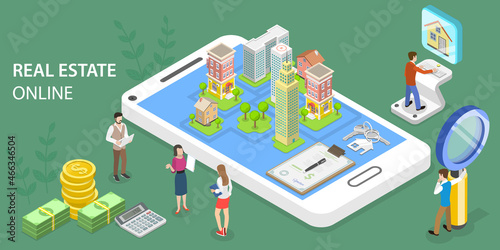 3D Isometric Flat Vector Conceptual Illustration of Real Estate Online, Buy, Rent and Mortgage Mobile Service