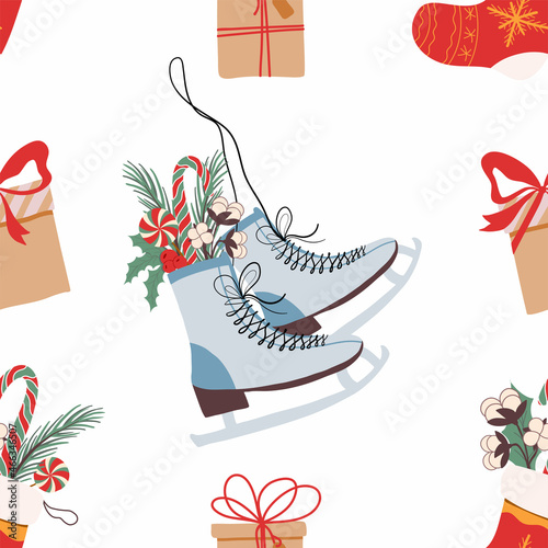 Winter new year pattern vector hand drawing holiday christmas illustration with skates candy gifts poinsettia for fabric gift paper print in red green yellow white colors. Vector illustration. Vector