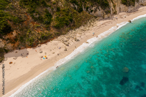 Aerial photo of paradise exotic sea of Petani beach under the mountain at Kefalonia island Greece