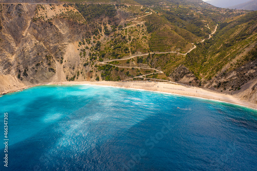 Aerial photo of paradise exotic sea of Myrtos beach under the mountain at Kefalonia island Greece