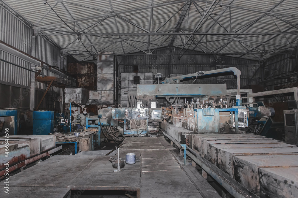 General plan of the industrial workshop of the plant production with old machines and equipment for metalworking factory manufacturing General plan of the industrial workshop of the plant production with old machines and equipment for metalworking factory manufacturing