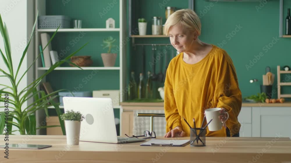 A Woman Freelancer Works at a Computer at Home, Looks Through Work Files, Makes Notes. Business Training, Live Webinar, Social Distance Learning. Modern Technologies and Remote Work. A Woman Freelancer Works at a Computer at Home, Looks Through Work Files, Makes Notes. Business Training, Live Webinar, Social Distance Learning. Modern Technologies and Remote Work.