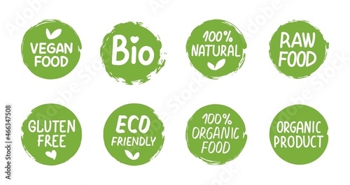 Bio green labels. Organic eco logo set. Vector ecology round banners or stickers