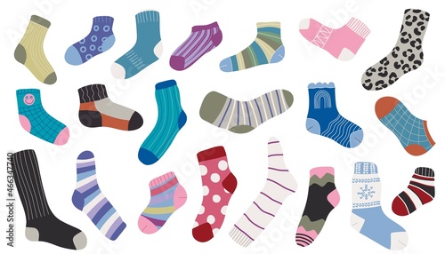 Cotton and woolen socks. Stylish clothing items. Vector knitwear trendy sock collection