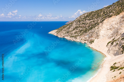 Fototapeta Naklejka Na Ścianę i Meble -  Aerial photo of paradise exotic sea of Myrtos beach under the mountain at Kefalonia island Greece