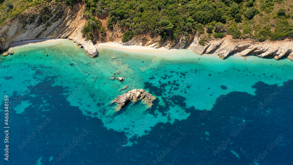 Aerial drone photo of paradise turquoise sea at Gidaki beach in Ithaca Greece