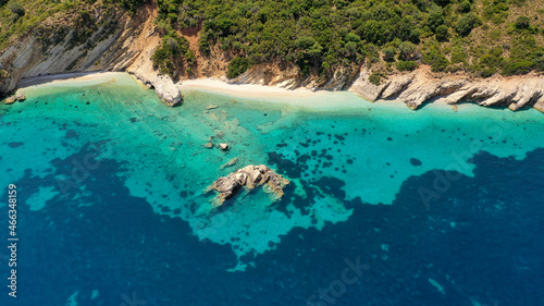 Aerial drone photo of paradise turquoise sea at Gidaki beach in Ithaca Greece
