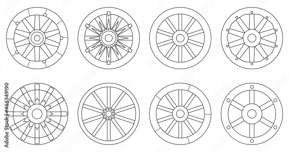 Wooden wheel outline vector set illustration of icon.Wheel wagon vector set of icon.outline collection wooden cartwhee wagon on white background.