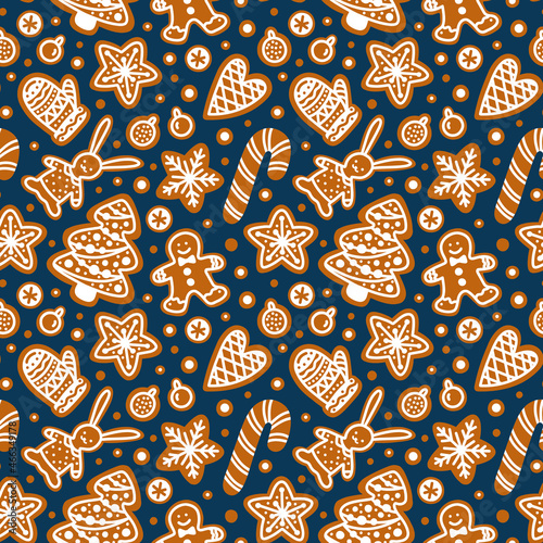 Ginger Cookies seamless pattern. Gingerbread Man, Christmas Tree, snowflake, star, hare, candy cane, mitten. Different Winter Holiday Sweets. Hand drawn vector background for wrap, gift paper, textile
