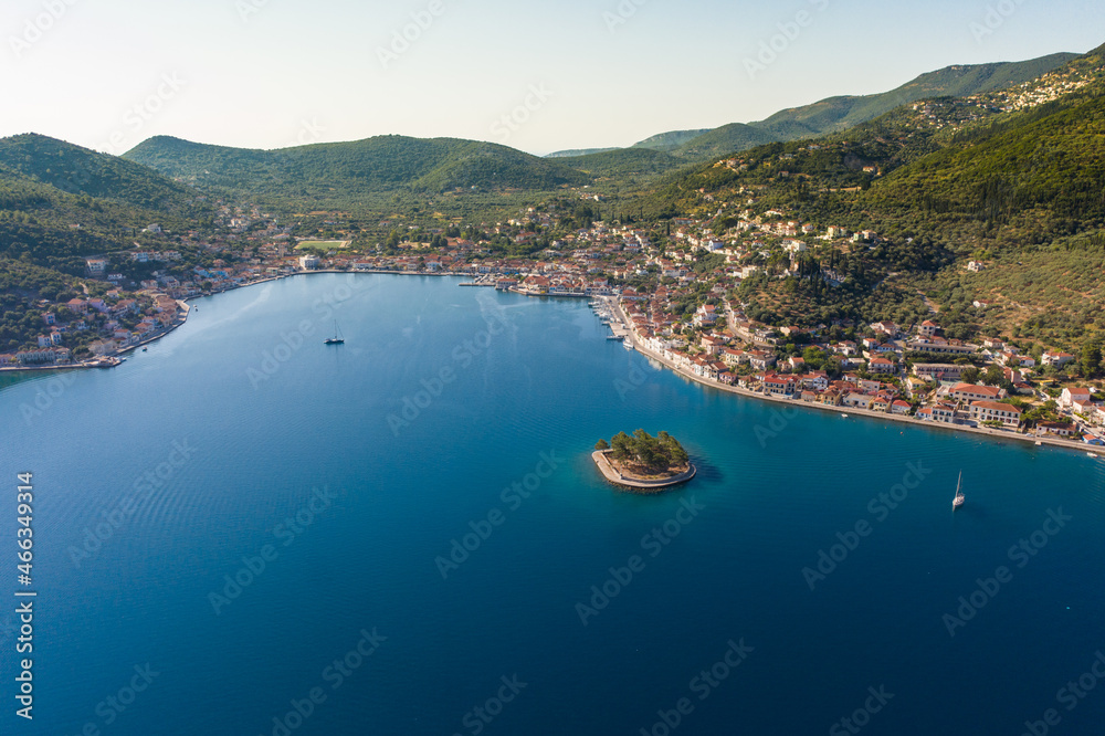 Panoramic aerial drone photo of the port of Vathi and Lazaretto island in Ithaca Greece
