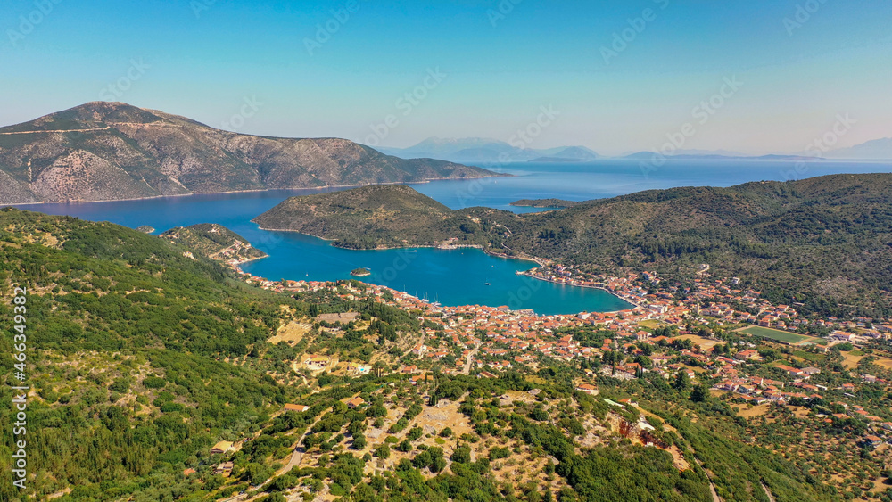 Aerial drone photo of the port of Vathi and Lazaretto island from the mountain in Ithaca Greece