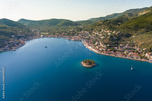 Fototapeta Naklejka Na Ścianę i Meble -  Panoramic aerial drone photo of the port of Vathi and Lazaretto island in Ithaca Greece